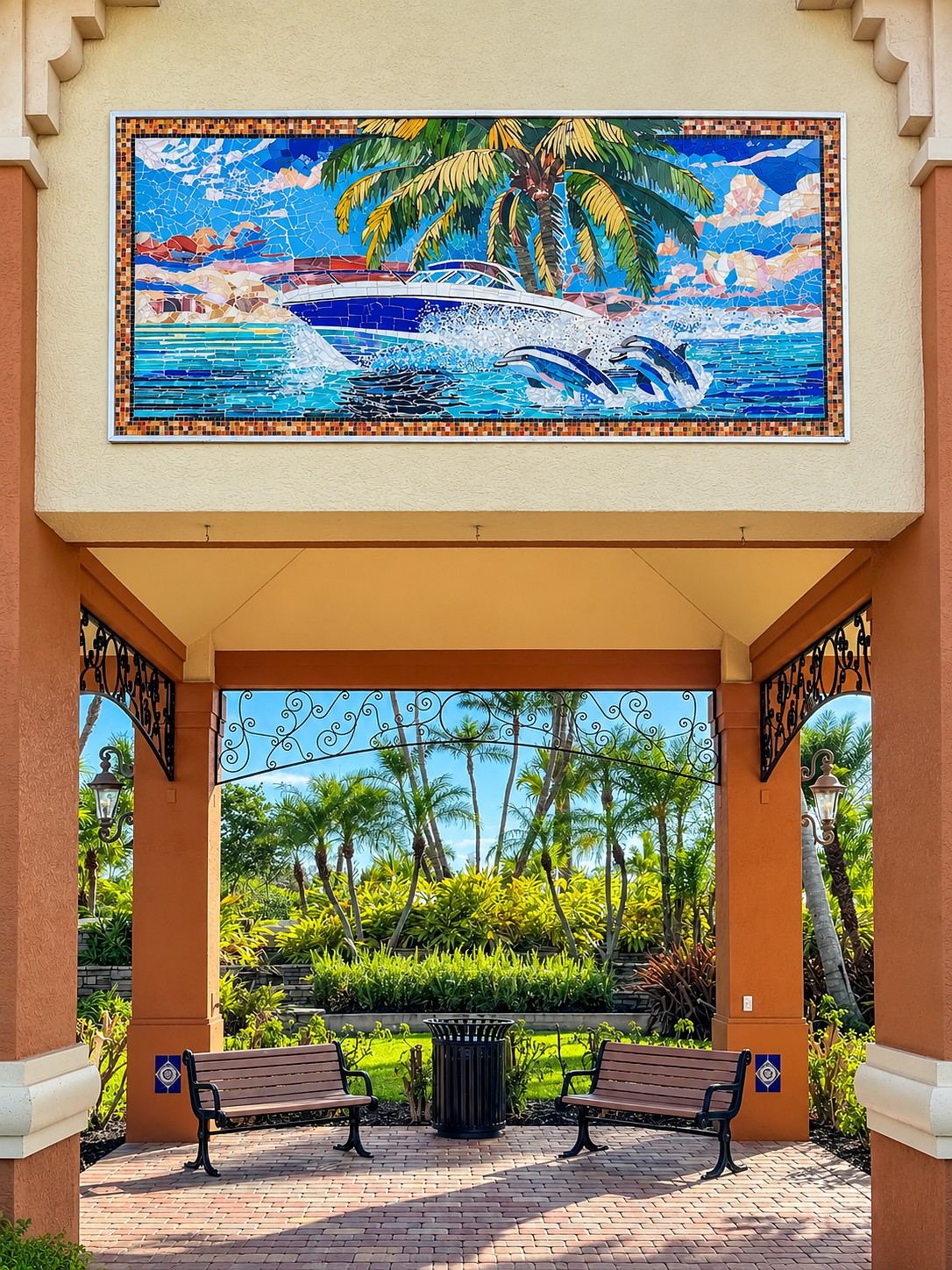 The Apperlo Art glass mural of a boat, dolphins and a palm on the entrance arch of the Marina at Cape Harbour in Cape Coral, Florida